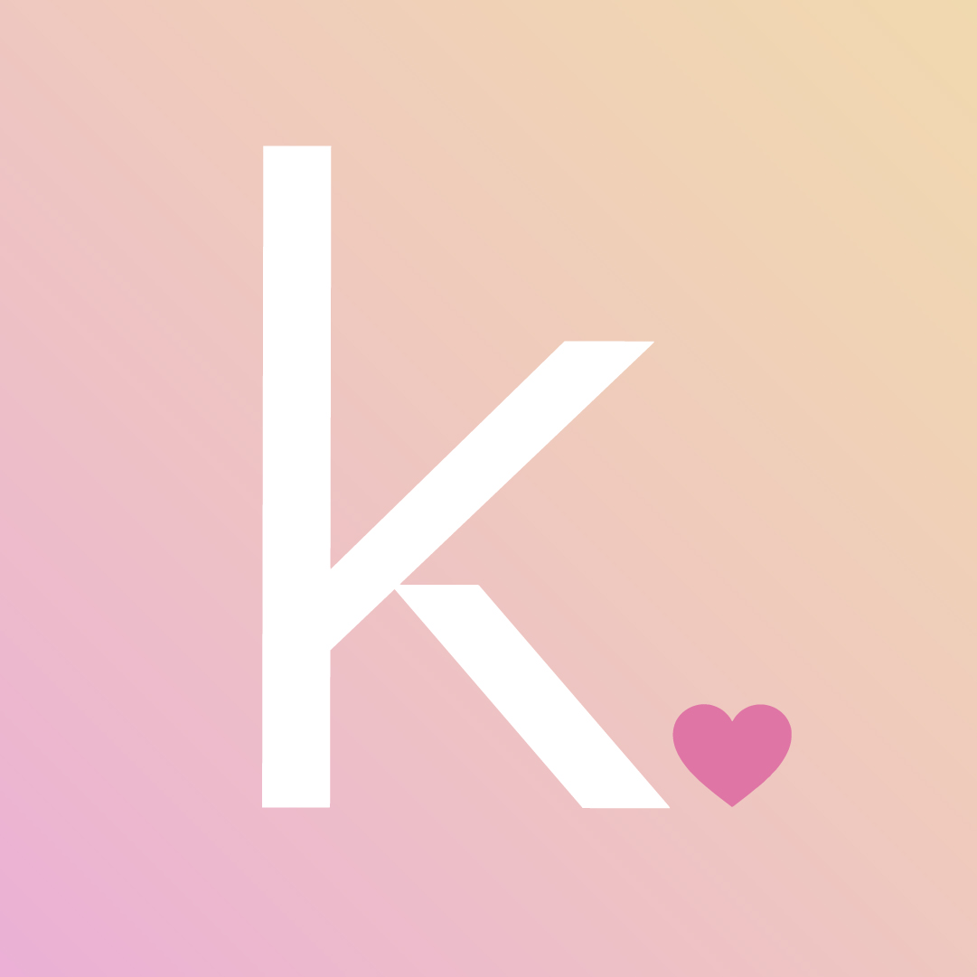 Black K logo of Korean Skincare with a pink heart on a pink to yellow gradient