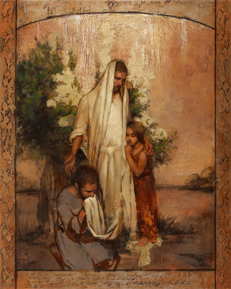 Jesus comforting a young girl who embraces and a man kneels at His feet.