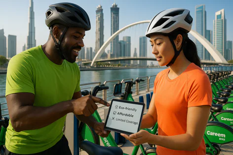 A smiling man and woman wearing helmets look at a tablet displaying 'Eco-friendly' and 'Affordable' checks next to green rental bikes. City skyline in the background.