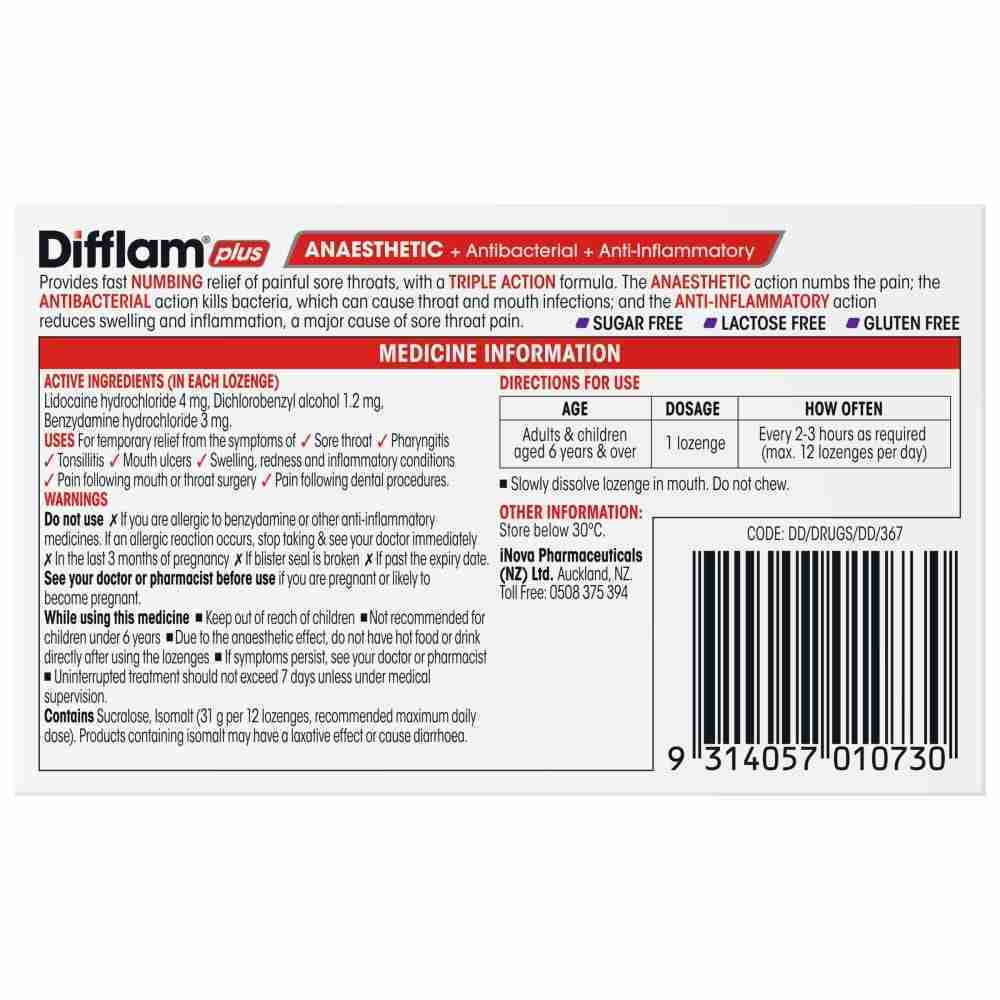 Difflam Plus Anaesthetic Sore Throat Lozenges Blackcurrant Flavour 16 Pack - Image 3
