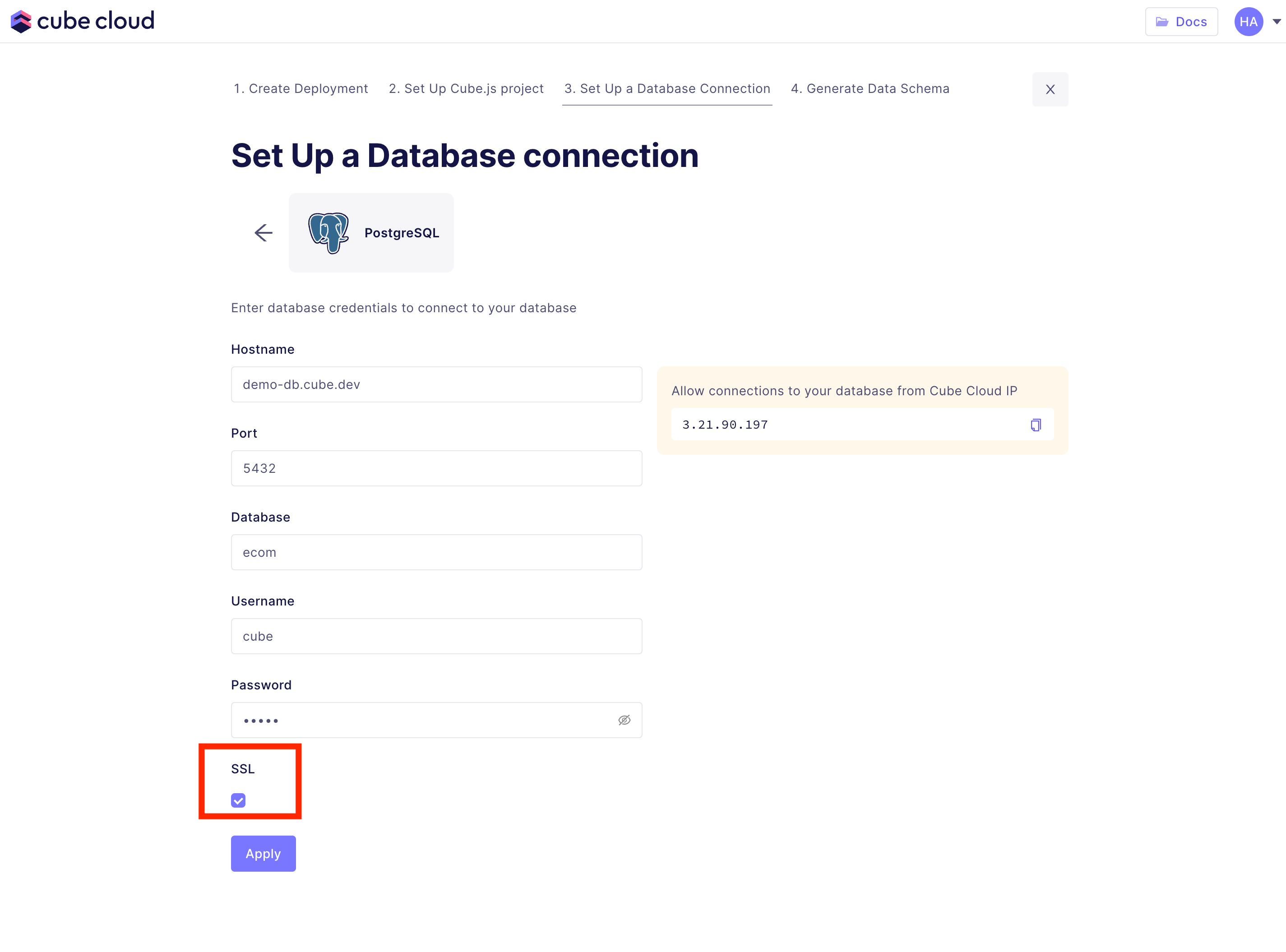 Cube Cloud Database Connection Screen for Postgres