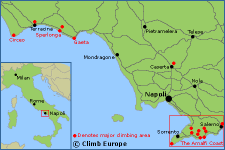 Map of the rock climbing areas around Napoli