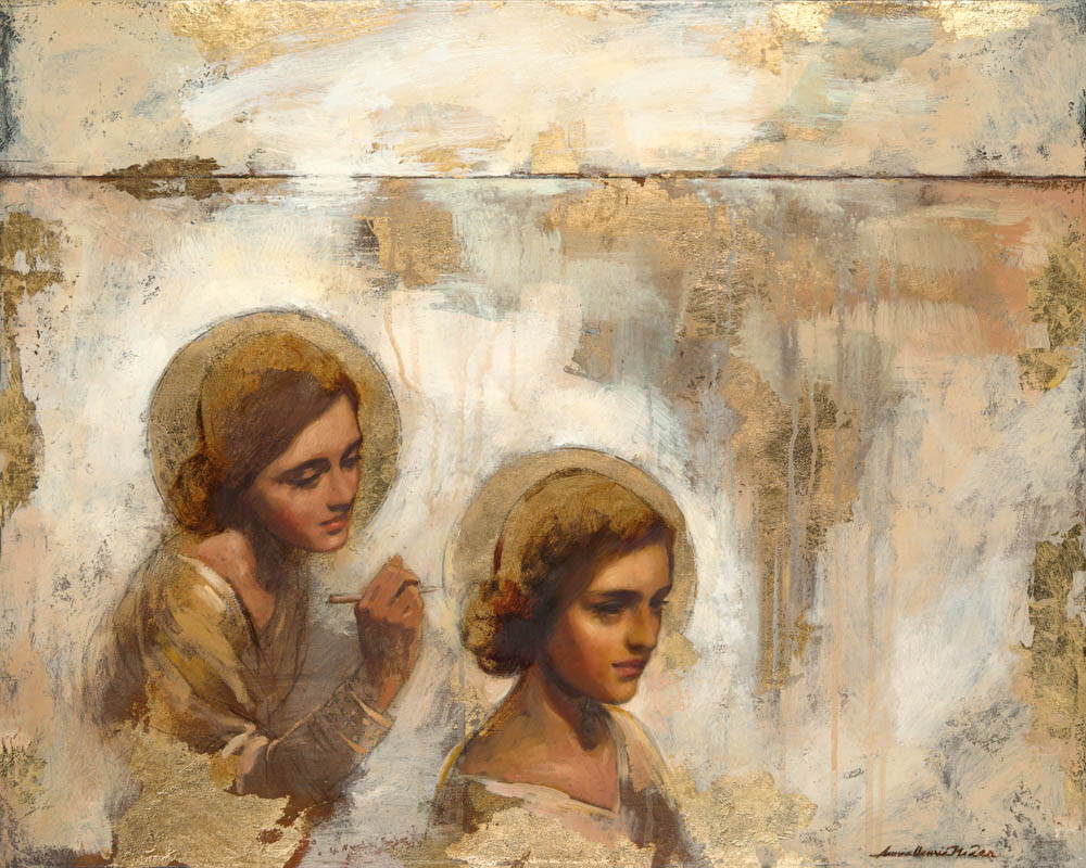 Painting of two angels watching and keeping record. 