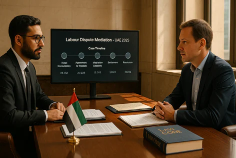 Two men in suits sit at a desk with a screen showing a labour dispute mediation timeline for UAE 2025, alongside a UAE flag and law book.