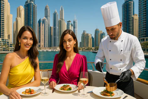 Two elegant women are served a gourmet meal by a chef on an outdoor terrace overlooking a modern city skyline and waterfront.