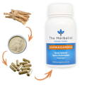 Ashwagandha roots, powdered extract, and capsules from The Herbalist, formulated for stress reduction, sports performance, and adaptogenic support.