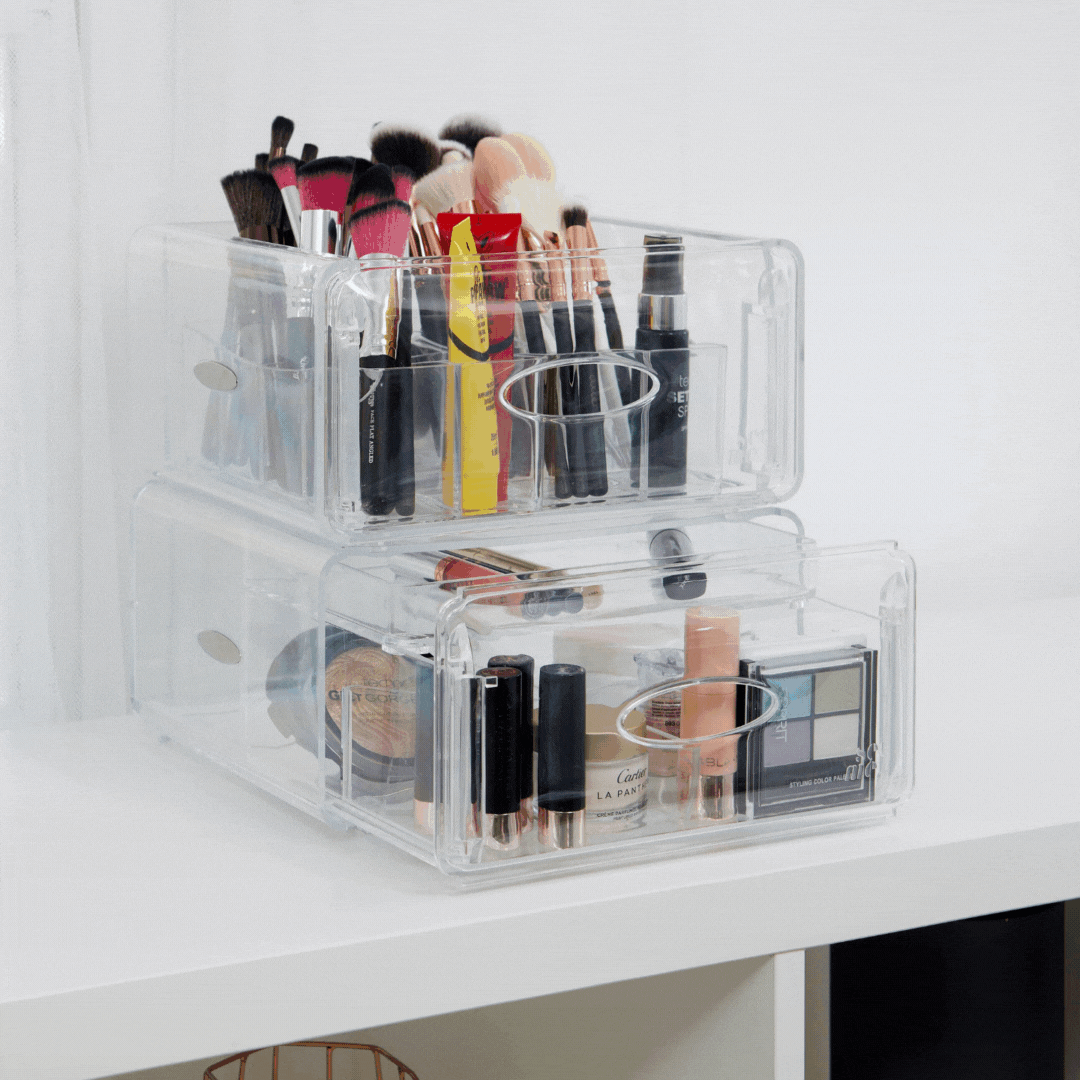  JOI SEE ME Luxury Makeup Organizer with Clear Storage Drawers  For Makeup, Brushes, Palettes, Skin & Hair Care, FULL PACK SIZE – Stacking  Large Sectioned Clear Makeup Stand Organizer for Vanity 