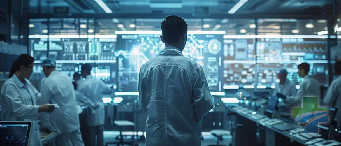 Futuristic hospital scene with nurses using advanced blockchain technology