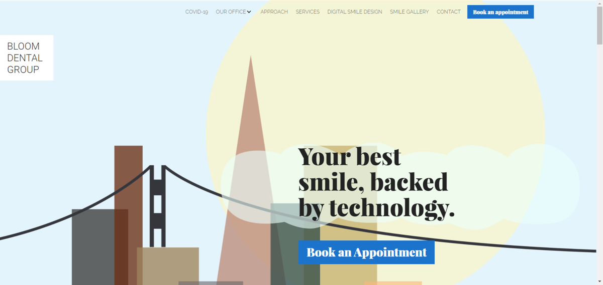 Screenshot of Bloom Dental Group, from the dentist websites collection.