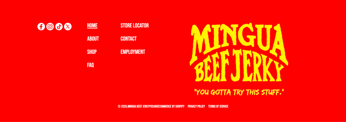 Screenshot of Mingua Beef Jerky, from the website footer designs collection.