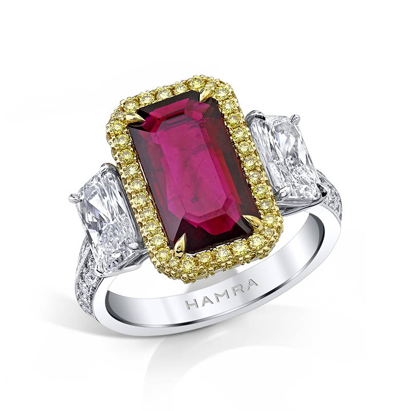 ruby ring with yellow and white diamonds