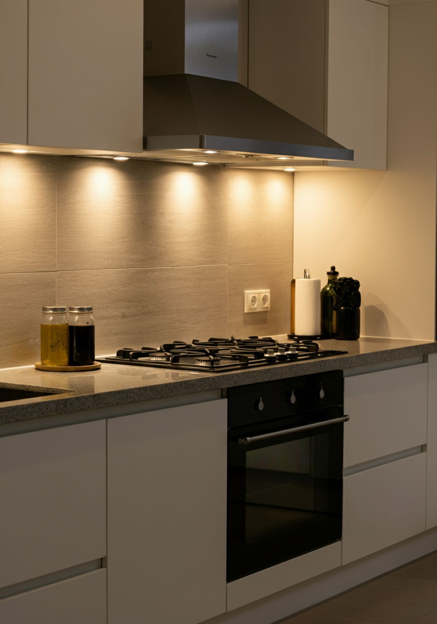 A kitchen transformation featuring new under-cabinet LED lighting that illuminates the workspace and highlights the backsplash. The strategic lighting upgrade creates both ambiance and functionality—a simple yet impactful improvement that appeals to buyers in both neighborhoods.