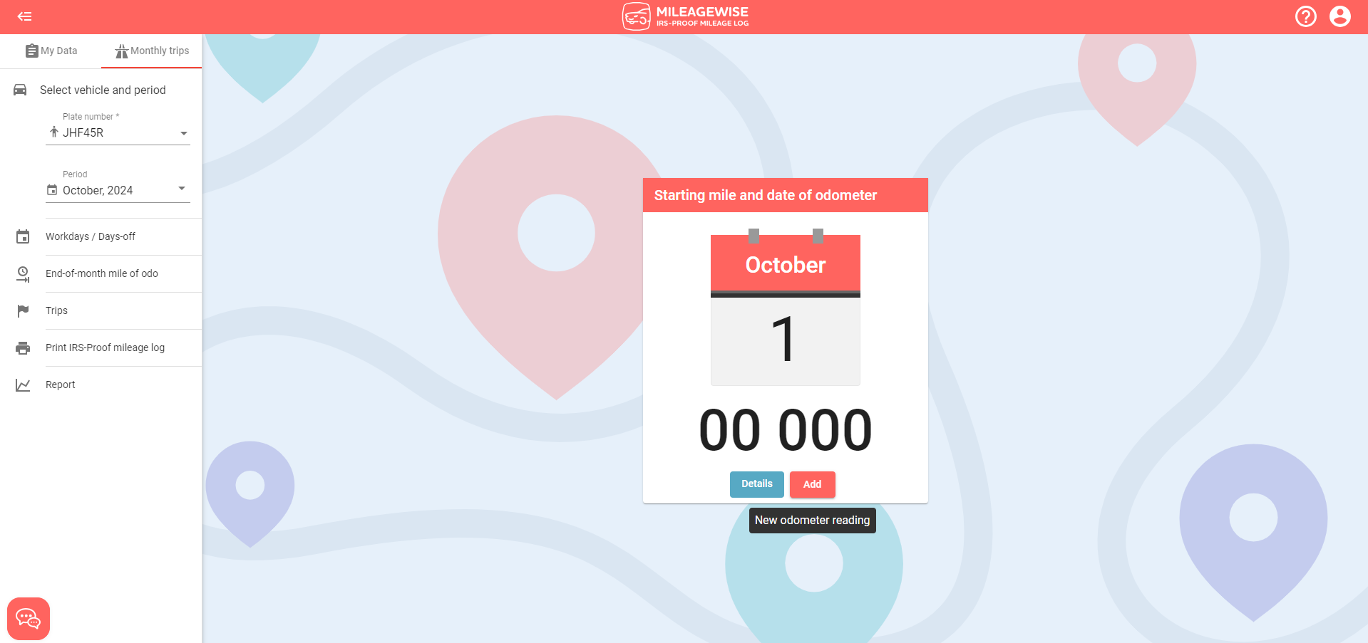 monthly starting odometer reading