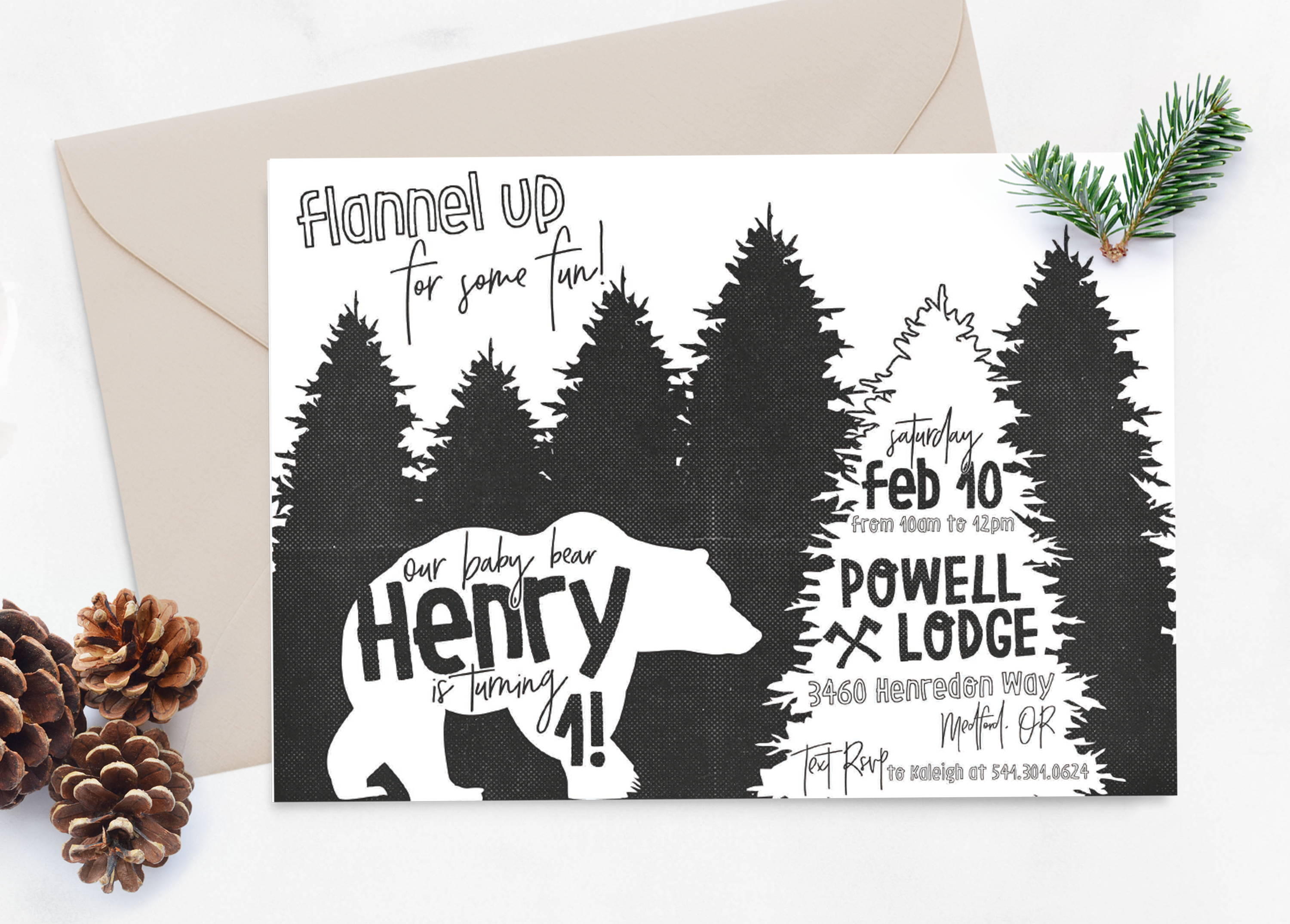 baby bear, baby bear first birthday invitation, flannel up for some fun, designtwentyfive