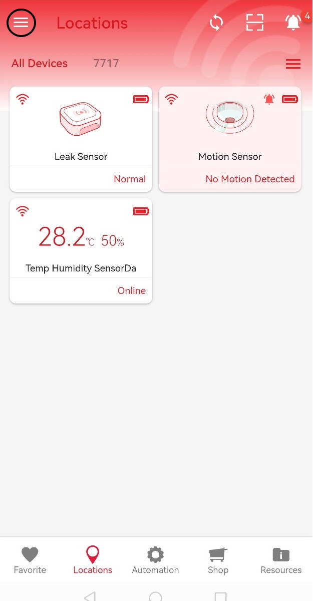 Home screen showing a list of smart devices. Tap the menu button in the top left corner to open navigation options.