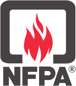 Logo of the NFPA (National Fire Protection Association) featuring a stylized red flame inside a black square with rounded corners. The letters NFPA are in bold black beneath the flame.