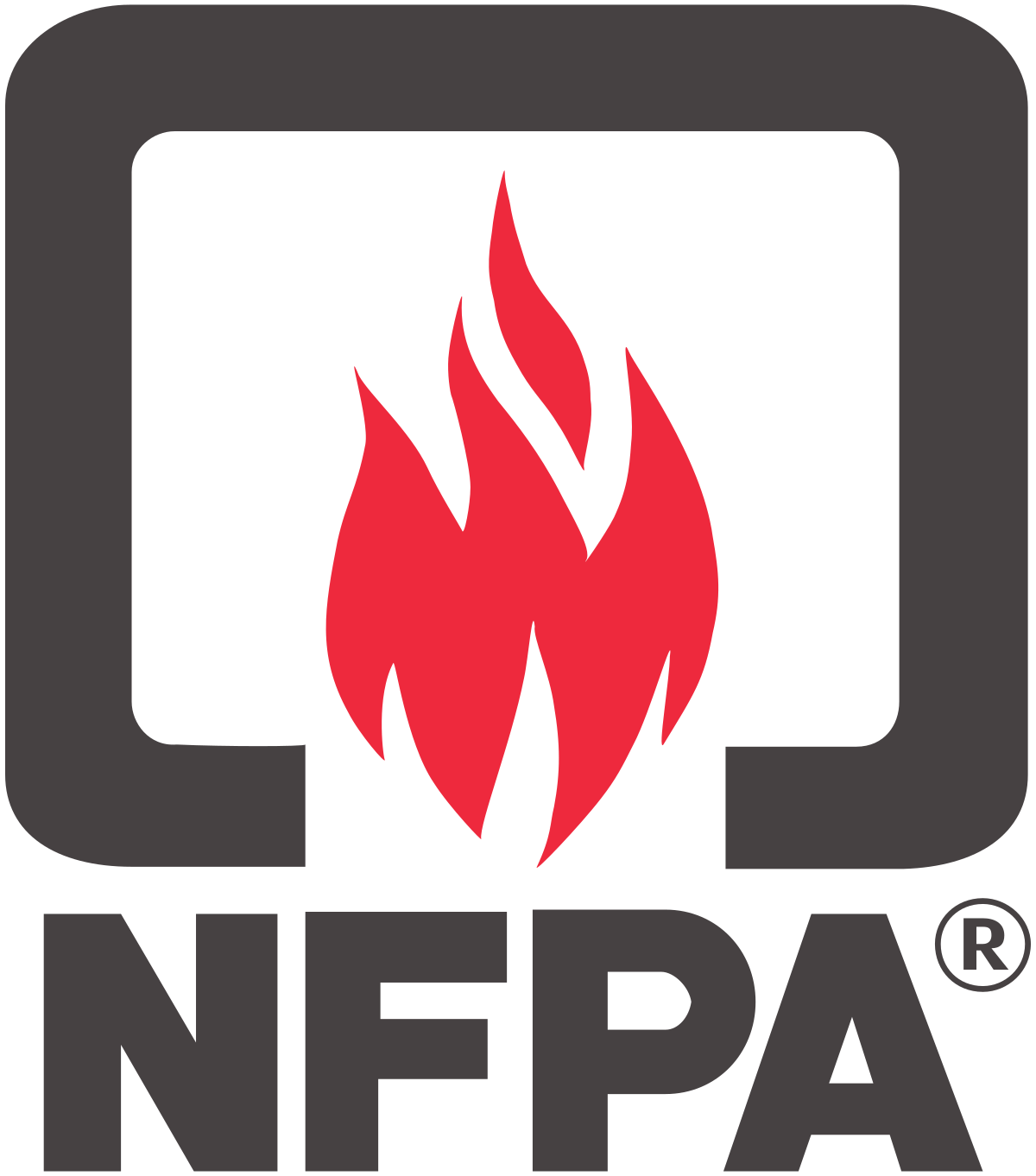 Logo of the NFPA (National Fire Protection Association) featuring a stylized red flame inside a black square with rounded corners. The letters NFPA are in bold black beneath the flame.