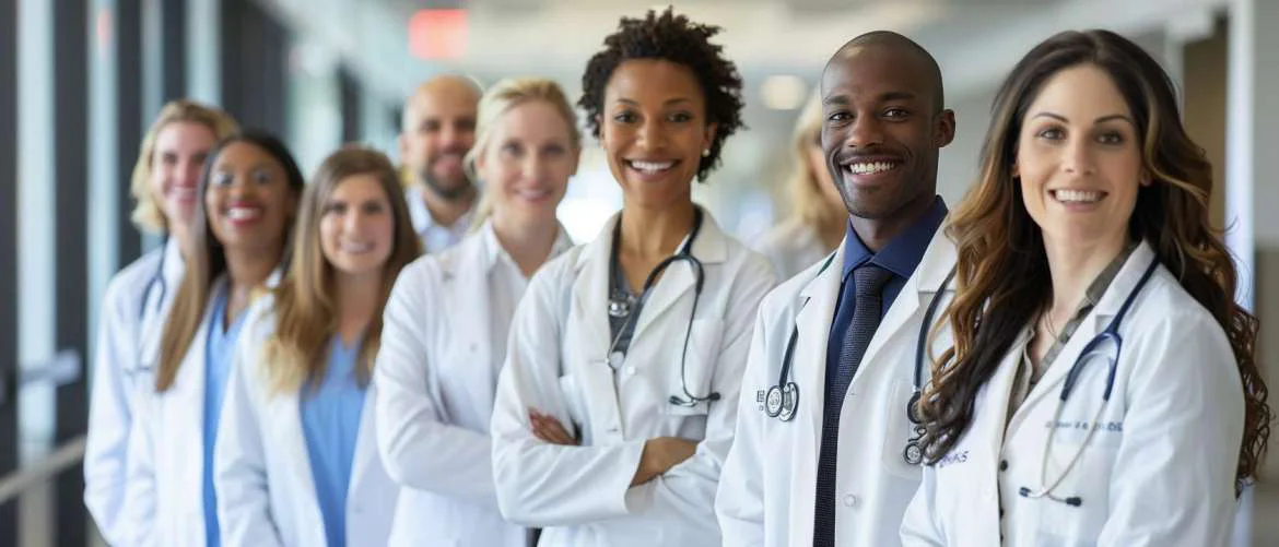 Diverse healthcare professionals collaborating in a modern hospital setting.