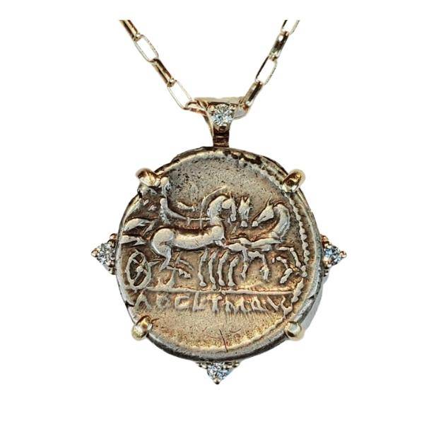 Ancient Roman Coin Pendant of 3 horse chariot driven by Victory 18kt gold and diamond pendant