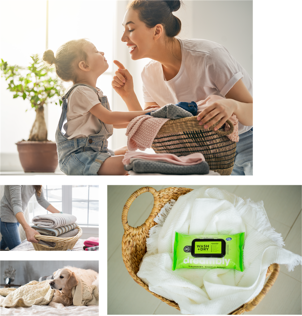 Top image: Mother and child with laundry. Bottom top left: Folded towels. Bottom Left: Dog wrapped in a soft blanket. Bottom right: Dreambly Package on top of laundry 