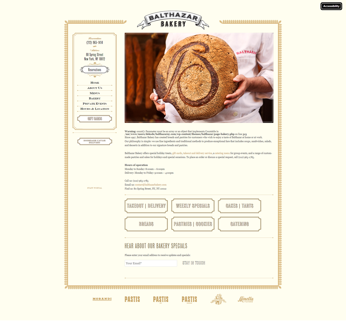 Screenshot of Balthazar Bakery, from the yellow websites collection.