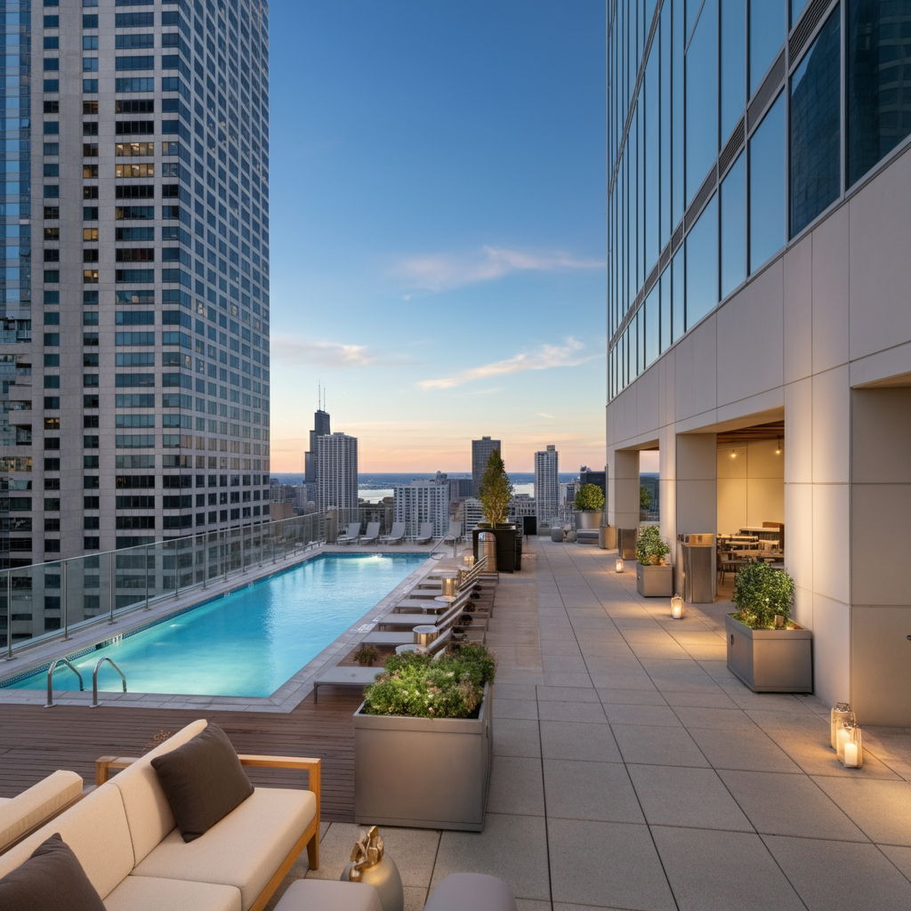 Rooftop amenity deck atop a luxury Streeterville high-rise, featuring an infinity-edge pool, comfortable lounge seating, and outdoor dining areas. The space offers 360-degree views of Chicago's skyline and Lake Michigan, exemplifying the lifestyle amenities that command premium prices in the 2025 market.