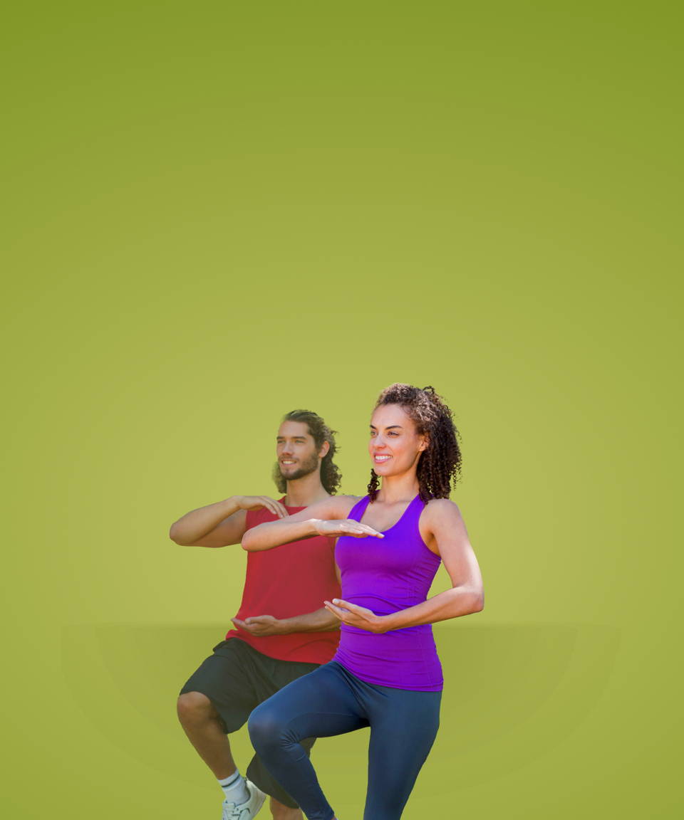 Two people in athleisure doing Tai Chi for Confetti's Virtual Tai Chi Class