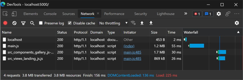 DevTools network log with 3.8 MB of transferred data with lazy loading & code splitting DevTools network log with 3.8 MB of transferred data with lazy loading & code splitting