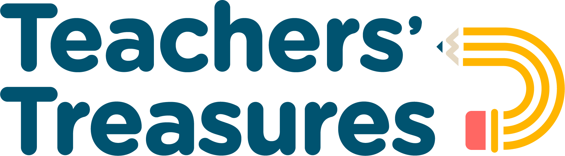 Logo for Teachers' Treasures, featuring a blackboard with 'ABC' in red, yellow, and blue, along with a stick figure waving. The organization's name is in red, with the tagline 'Helping Teachers Help Kids!' in blue