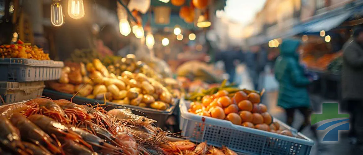 Vibrant city market stall with fresh seafood under a golden glow