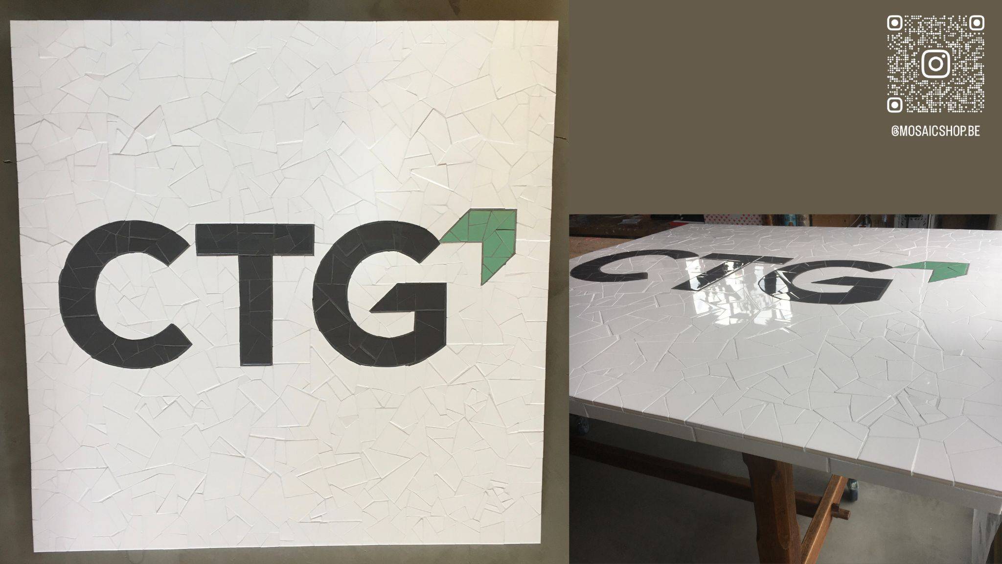 Vierkant logo van het bedrijf CTG gemaakt met Mosa tegels. Donkergrijze letters met een witte achtergrond