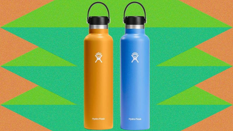 An orange and a blue reusable metal water bottle