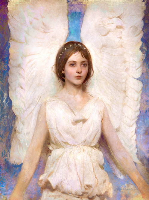 Classic painting of a young angel girl with tall wings.