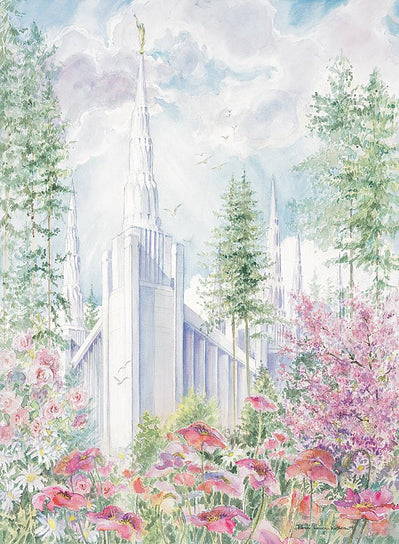 Pastel painting of Portland Temple surrounded by trees and flowers.