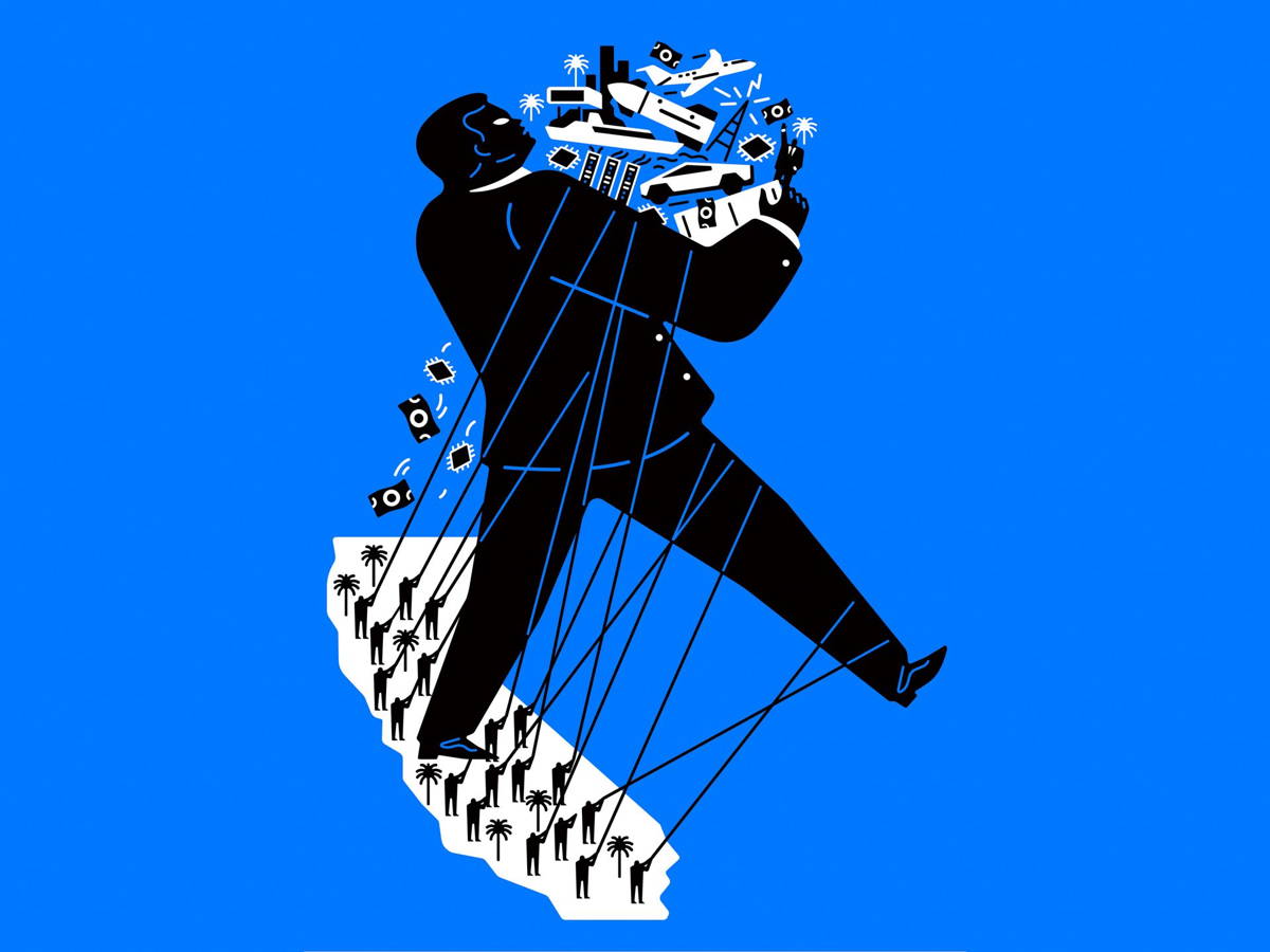 Illustration of a wealthy man trying to leave California
