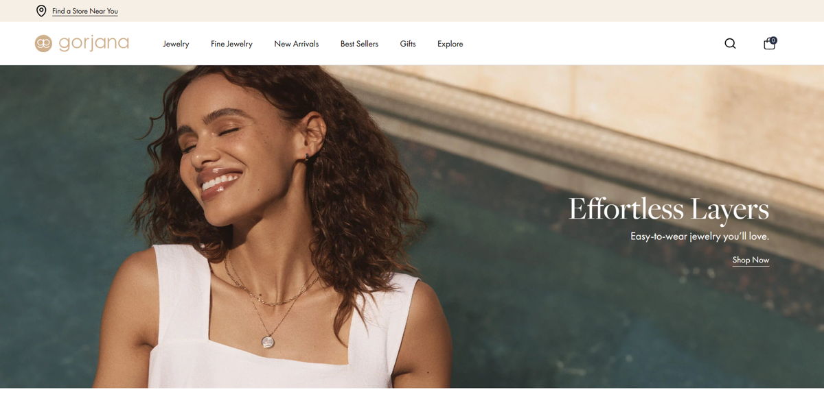 Screenshot of Gorjana, from the shopify jewelry stores collection.
