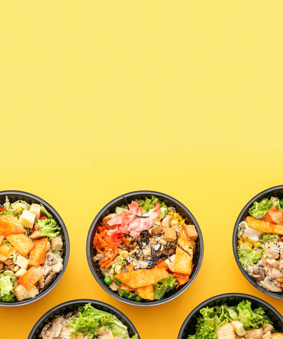 Various salads, grain bowls, and sushi bowls for Confetti's Virtual Lunch Party