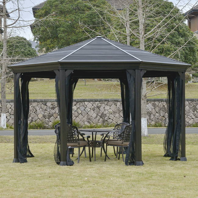 Deluxe Steel Hardtop Patio Gazebo Garden Sun Shelter with Aluminum Frame Heavy Duty Outdoor Pavilion with Curtains and Mesh Netting