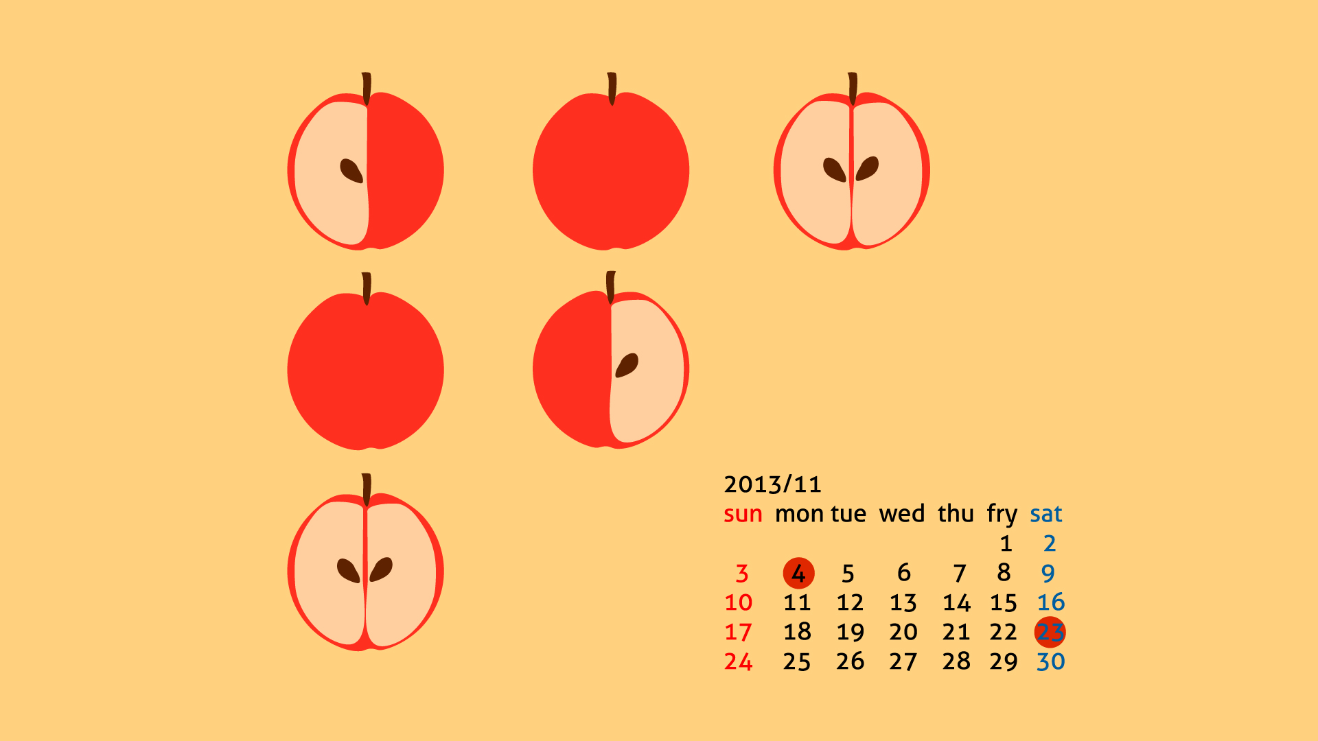 13 11 カレンダー付き壁紙 りんご 横長バージョン Yan Awrd