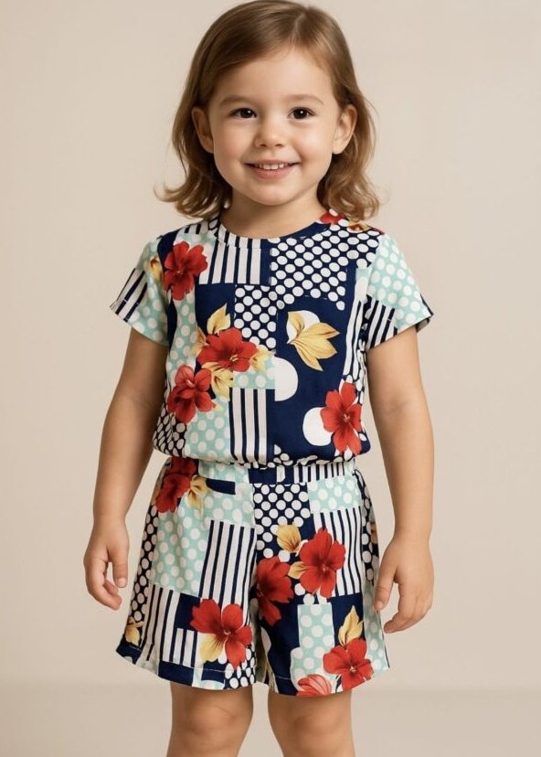 Girl Partywear floral patterns Navy blue and white polka