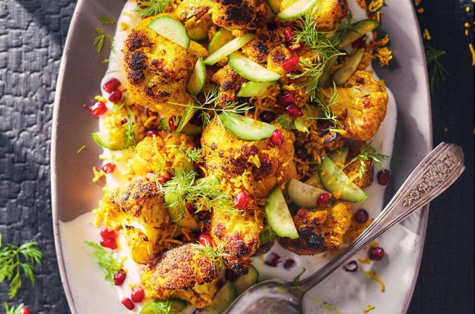 Curried Cauliflower on the Grill with Coconut-Pomegranate Topping