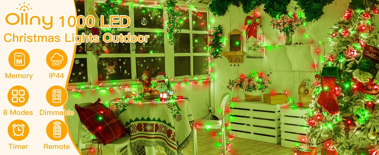 Features of Ollny's 800 leds clear cable cool white string lights - desktop size