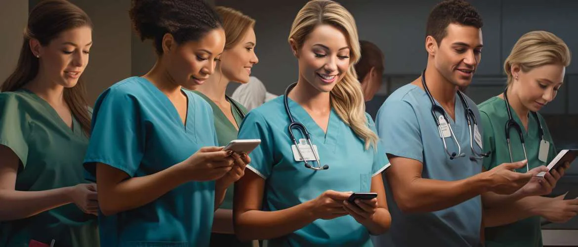 A collage of nurses in scrubs sharing joyful moments together.