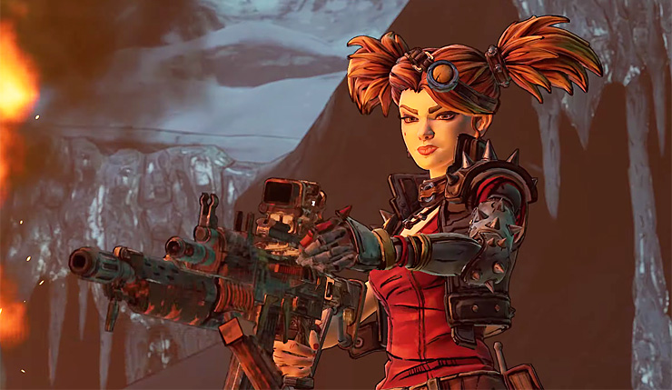 Gaige from Borderlands wearing her red outfit and her redhair in pigtails, holding a large weapon with both hands and shooting, with a smirk on her face.