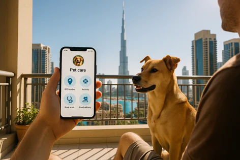 Person on a balcony using a pet care smartphone app while a dog sits beside them, overlooking the Dubai cityscape and Burj Khalifa.