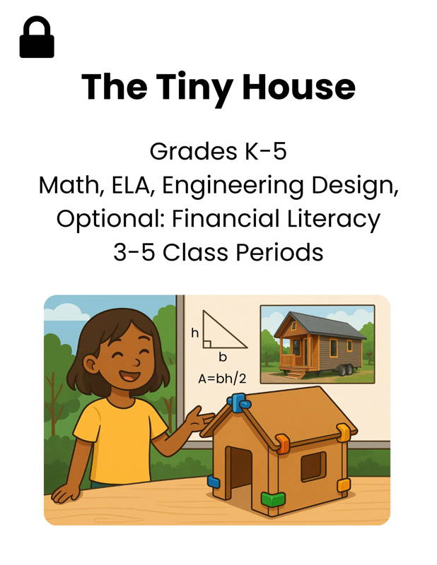 mage of a girl building a cardboard tiny house STEM model for elementary students, featuring math concepts and engineering design. Represents a hands-on 3DuxDesign project-based learning lesson that supports early STEM education and real-world problem-solving.