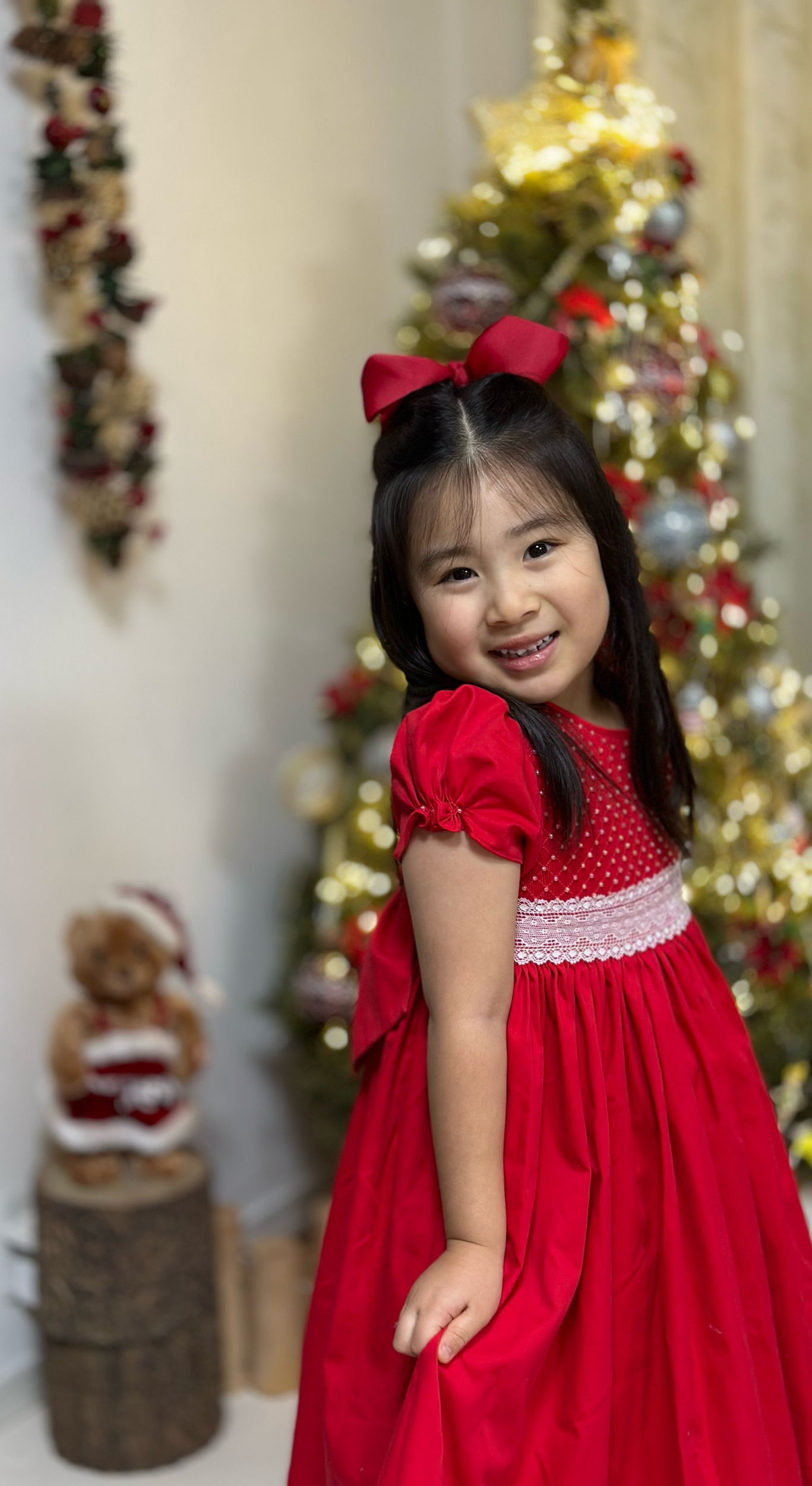 Red christmas lace smocked dress