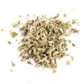 A small pile of dried, crumbled sage leaves on a white background.