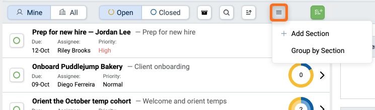 Manage Sections menu with Add Section in the Assignments Inbox header