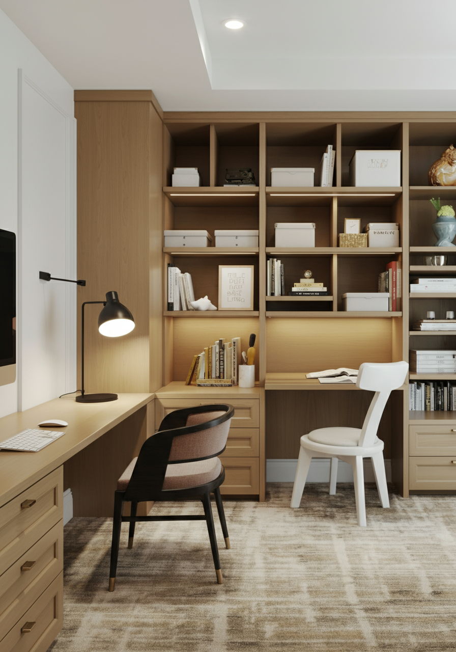A multi-functional guest room in a Gold Coast condominium that serves as both a home office and occasional sleeping quarters, showcasing clever storage solutions and convertible furniture that maximize functionality without sacrificing style.